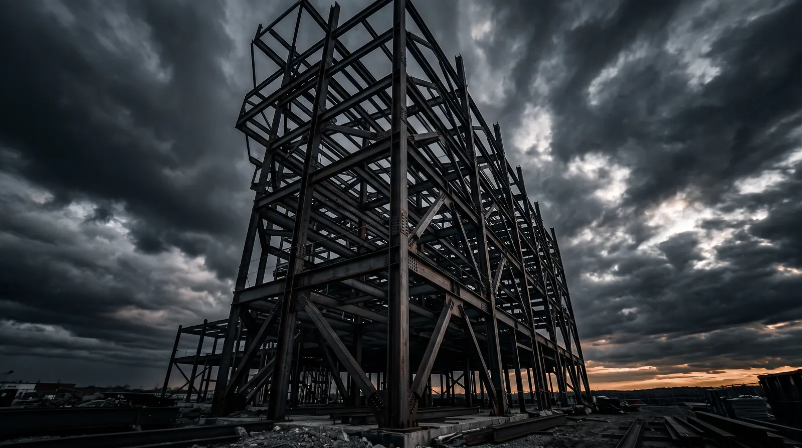 Estructura metálica en obra bajo cielo tormentoso
